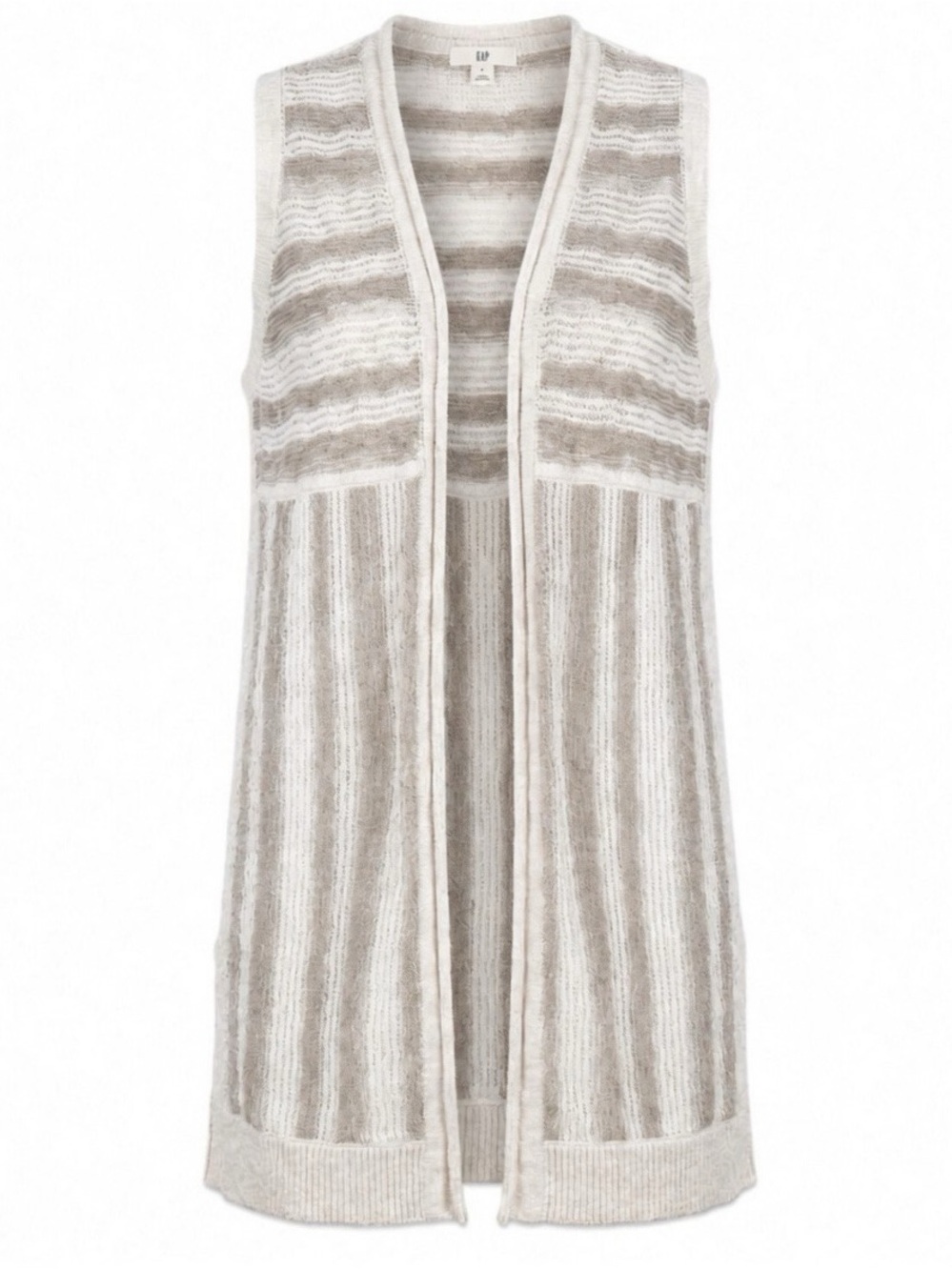 GAP Knit Duster Vest Small Ivory Taupe Striped Open Front Cotton Ramie